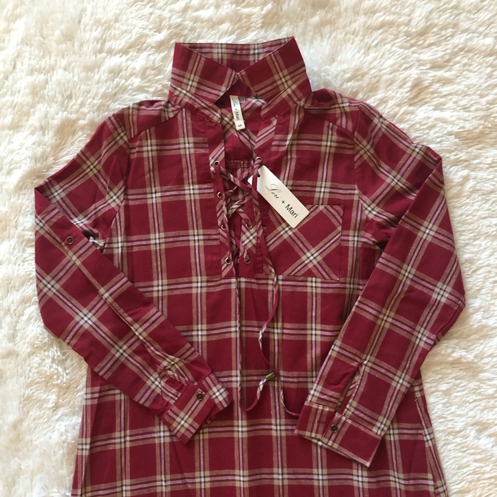 Plaid Lace Up Shirt Dress - Picture 2 of 6